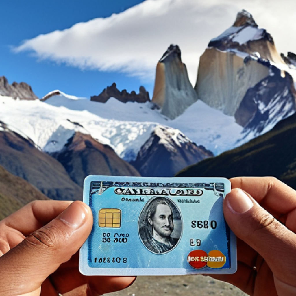 **A traveler in Patagonia, Chile, holding both cash and a Visa card, with mountains in the background. The image should convey the importance of having both payment options.**