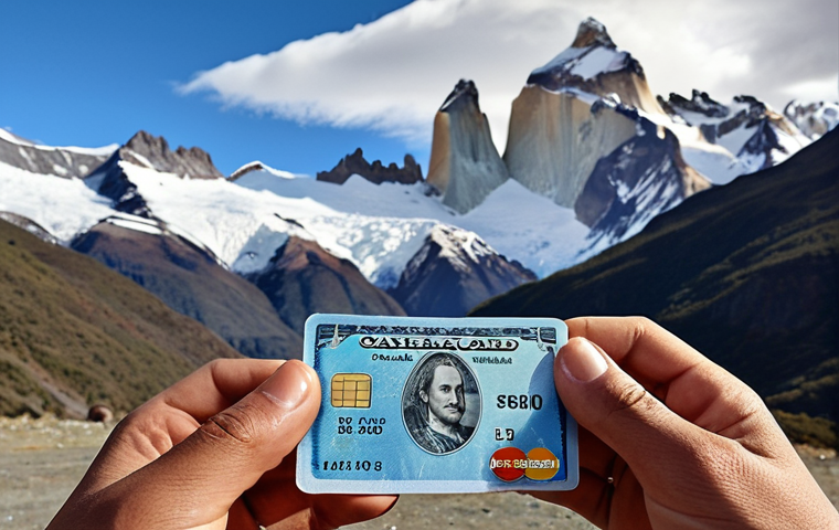 **A traveler in Patagonia, Chile, holding both cash and a Visa card, with mountains in the background. The image should convey the importance of having both payment options.**