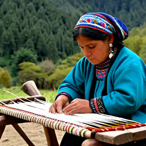 Home 6 **
"A Mapuche weaver, fully clothed in traditional, modest attire, working on a loom outdoors. The scene features a natural background of forests and mountains in Southern Chile. The textiles display intricate geometric patterns and vibrant, natural dyes. Safe for work, appropriate content, professional photography, perfect anatomy, correct proportions, natural pose, well-formed hands, proper finger count, natural body proportions, family-friendly, high quality."
**