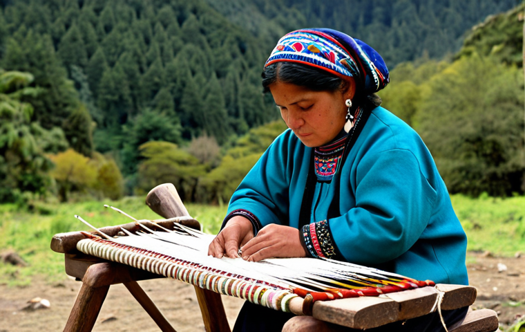 **
"A Mapuche weaver, fully clothed in traditional, modest attire, working on a loom outdoors. The scene features a natural background of forests and mountains in Southern Chile. The textiles display intricate geometric patterns and vibrant, natural dyes. Safe for work, appropriate content, professional photography, perfect anatomy, correct proportions, natural pose, well-formed hands, proper finger count, natural body proportions, family-friendly, high quality."
**